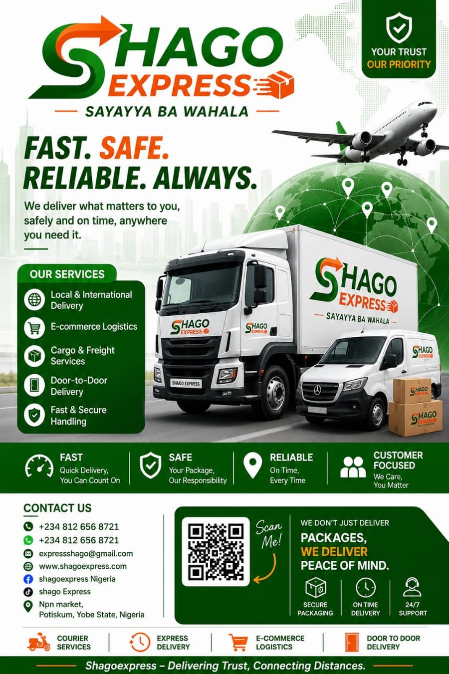 Shago Express contact flyer — Fast. Safe. Reliable. Always.
